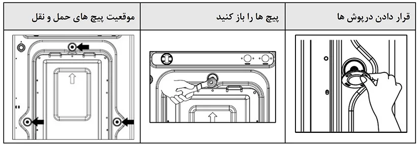 نحوه باز کردن پیچ‌های نگهدارنده دیگ ماشین لباسشویی (هولدر حمل و نقل)