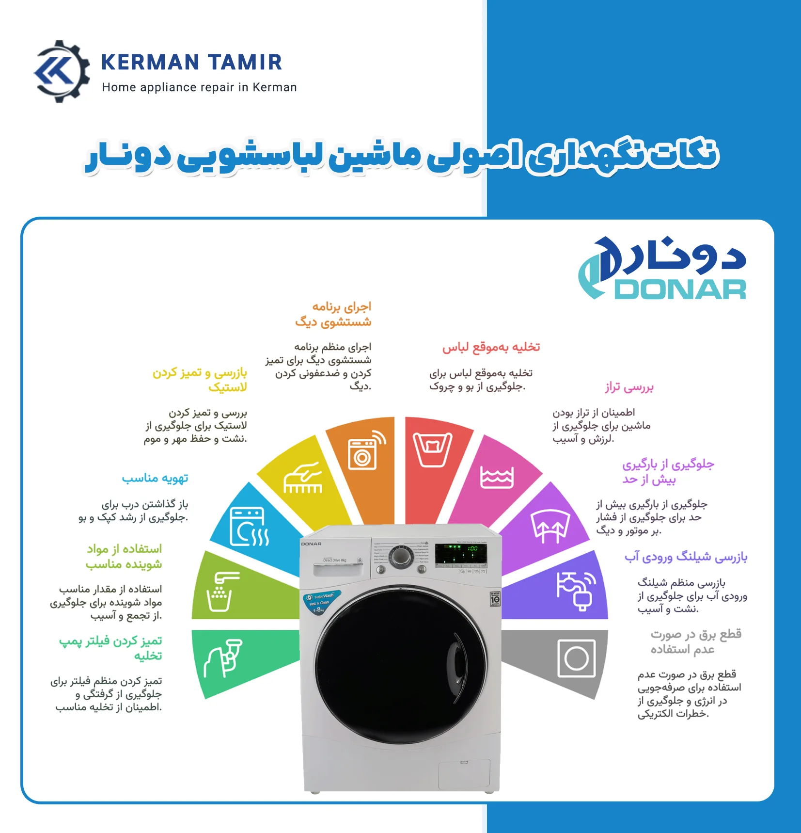 تعمیر ماشین لباسشویی دونار در کرمان 4 اینفوگرافی نگهداری اصولی از ماشین لباسشویی دونار