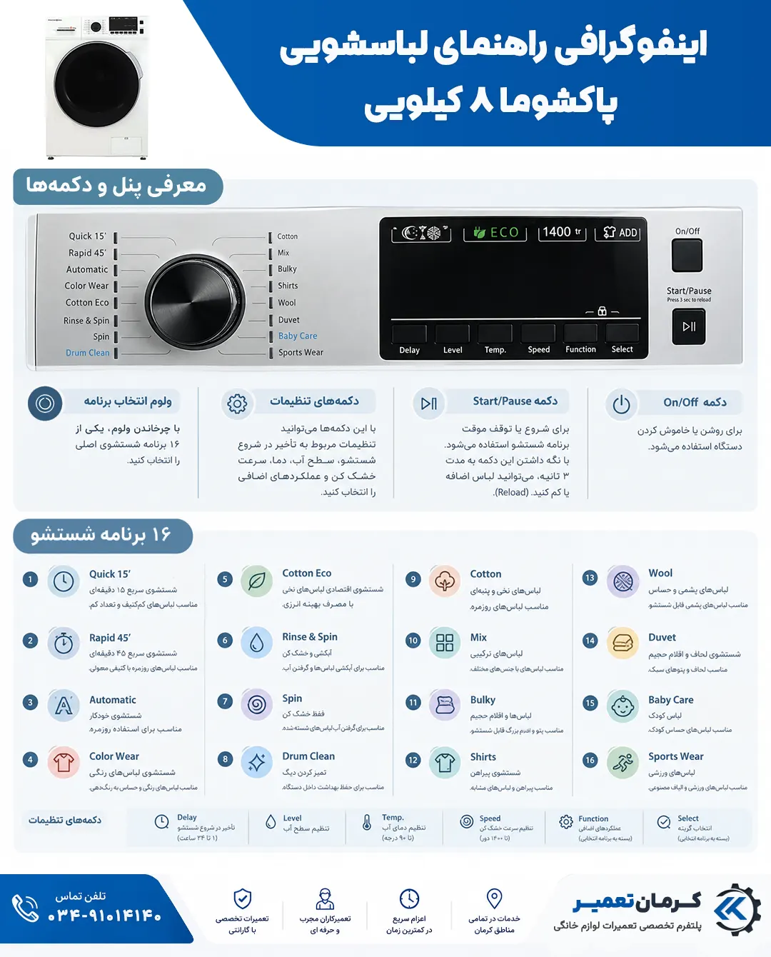 راهنمای لباسشویی پاکشوما 8 کیلویی 2 برنامه شستشوی ماشین لباسشویی پاکشوما 8 کیلویی